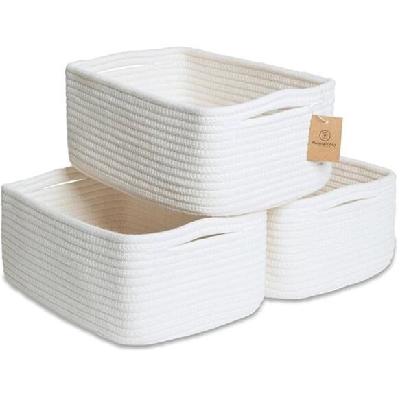 Cotton Rope Storage Baskets Set of 3 Small Woven Bins for Shelf Nursery Closet - Picture 7 of 7